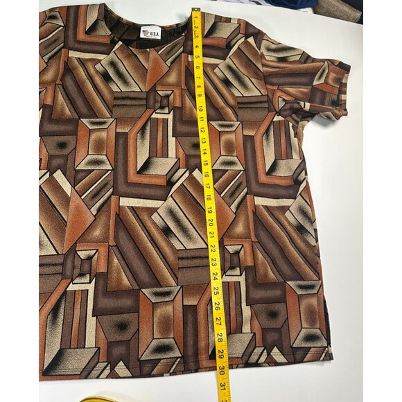 Vintage USA Women’s Blouse 2XL Brown Geometric Print Shoulder Pads Stretch - Picture 4 of 7